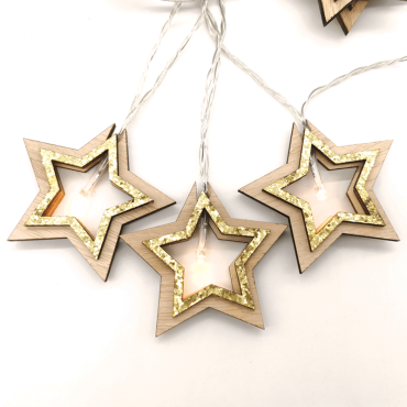 Led λαμπάκια σε σειρά Wooden Gold Glitter Stars