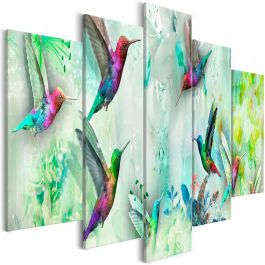 Canvas Print - Colourful Hummingbirds (5 Parts) Wide Green